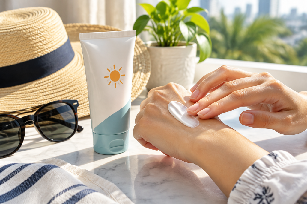 রোদ থেকে ত্বক সুরক্ষায় হাতে সানস্ক্রিন লাগানোর দৃশ্য